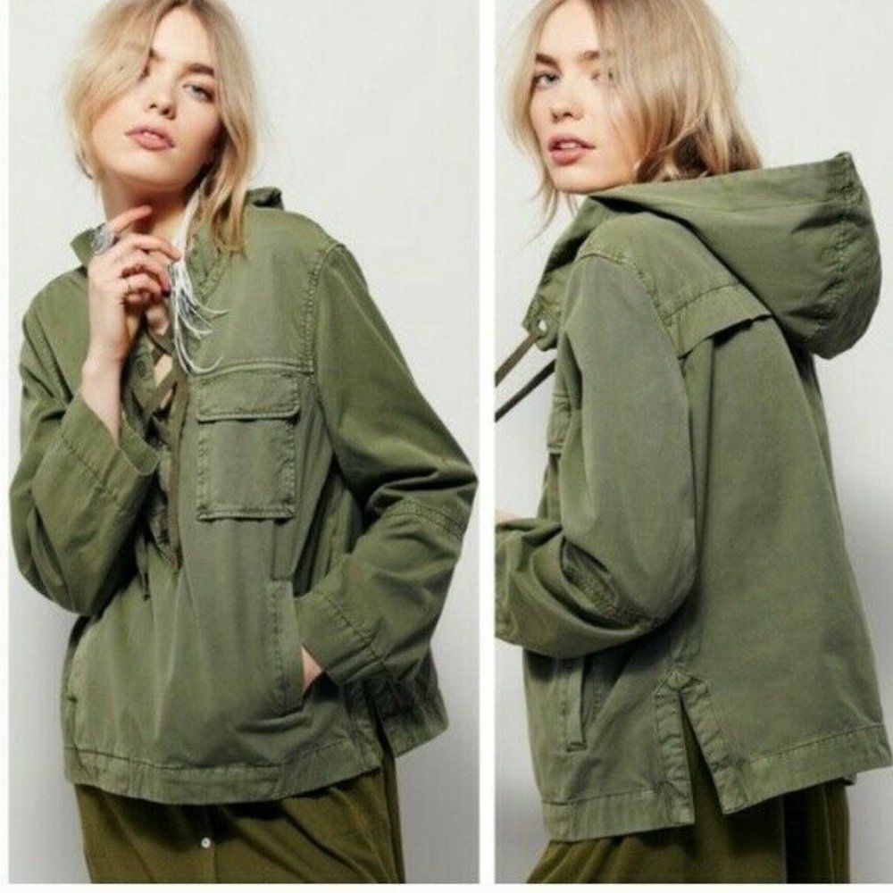 Free People Womens Olive 100% Cotton Pockets Hooded Military Jacket Size Large